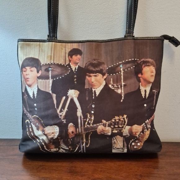 Beatles Band Print Black Zippered Tote Bag - Picture 2 of 13